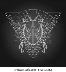 Graphic mask of japanese deamon kitsune isolated on the chalkboard. Traditional attribute of asian folklore. Translation of the hieroglyph - fox