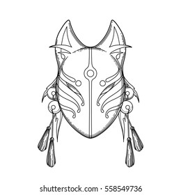 Graphic mask of japanese demon kitsune isolated on white background. Translation of the hieroglyph - fox. Coloring book page design for adults and kids