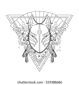 Graphic mask of japanese demon kitsune isolated on white background. Traditional attribute of asian folklore. Translation of the hieroglyph - fox. Coloring book page design for adults and kids