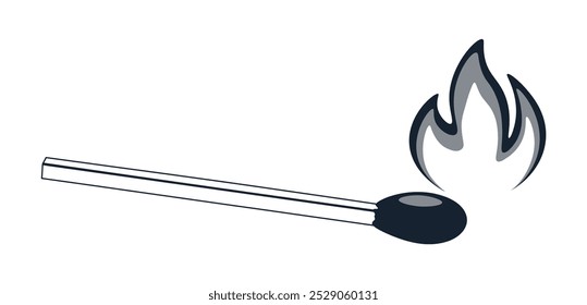 Graphic match with fire. Vector illustration of dark match with fire flame silhouette isolated on white background. Match lit by fire. Logo. Banner. Hot. Lighting a gas tile burner with a match.