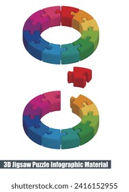 A graphic material and 3D illustration of an isometric circular puzzle composed of a 12-color color wheel. Infographics.
