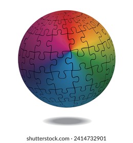 Graphic material of spherical jigsaw puzzle, 3D illustration. Infographics. Rainbow colors.