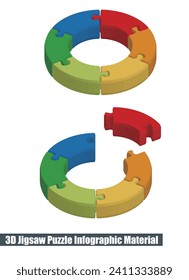 A graphic material and three-dimensional illustration of an isometric circular puzzle composed of a six-color color wheel. Infographics.
