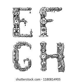 Graphic mechanical hand drawn alphabet. Steampunk style letters for your logo.