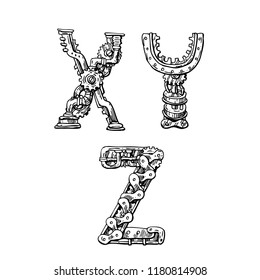 Graphic mechanical hand drawn alphabet. Steampunk style letters for your logo.