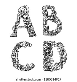 Graphic mechanical hand drawn alphabet. Steampunk style letters for your logo.