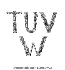 Graphic mechanical hand drawn alphabet. Steampunk style letters for your logo.