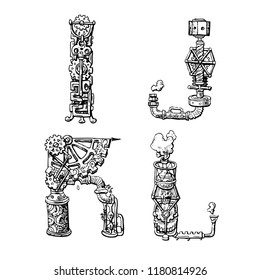 Graphic mechanical hand drawn alphabet. Steampunk style letters for your logo.