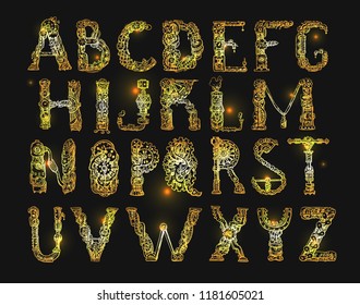 Graphic mechanical hand drawn alphabet. Steampunk style letters for your logo.