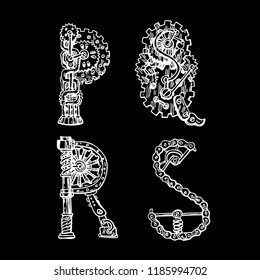 Graphic mechanical hand drawn alphabet. Steampunk style letters for your logo.
