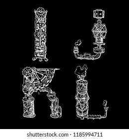 Graphic mechanical hand drawn alphabet. Steampunk style letters for your logo.