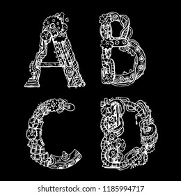 Graphic mechanical hand drawn alphabet. Steampunk style letters for your logo.