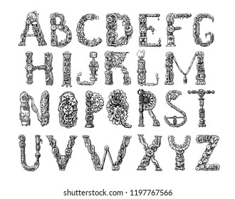 Graphic mechanical hand drawn alphabet. Steampunk style letters for your logo.