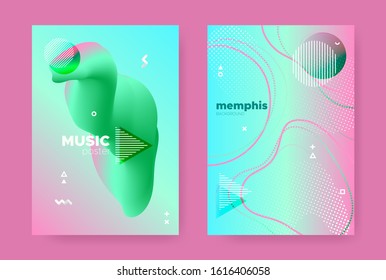 Graphic Memphis Geometric Background. 70s or 80s Style. Green Fluid Gradient Shapes. Modern 3d Dynamic Patterns. Abstract Geometric Elements. Gradient Liquid Shape. Memphis Geometric Elements.