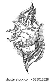 Graphic mermaid head with seashell on her face and seaweed decorations. Blackwork tattoo or t-shirt design. Vector art isolated on white background. Coloring book page for adults