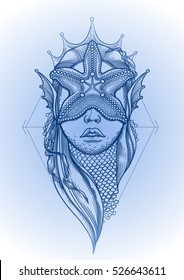 Graphic mermaid head with starfish on her face and seaweed decorations. Tattoo art or t-shirt design. Vector illustration in blue colors