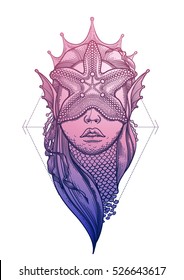 Graphic mermaid head with starfish on her face and seaweed decorations. Tattoo art or t-shirt design. Vector illustration in pink and blue colors