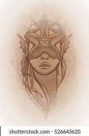 Graphic mermaid head with starfish on her face and seaweed decorations. Tattoo art or t-shirt design. Vector illustration isolated on vintage background