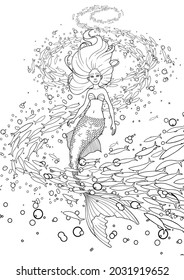 Graphic mermaid swimming under the ocean surface among the school of fish. Vector design