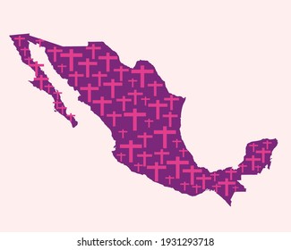 Graphic Of Mexico Map With Pink Crosses Symbol Of Women Victims Of Femicide. Vector Illustration. 