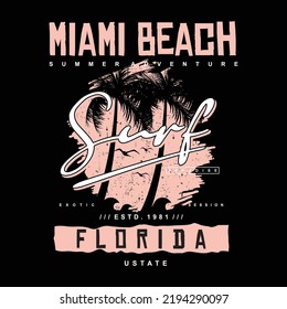 graphic of Miami beach florida typography tee vector design with palm tree silhouette Global swatches.