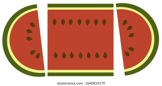 A graphic minimalist image of a watermelon with seeds forms a frame for adding text, art or headlines. This is an illustration about watermelons.