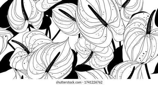 Patrón botánico moderno gráfico. Flores tropicales dibujadas a mano sobre un fondo blanco y negro. Ilustración vectorial.