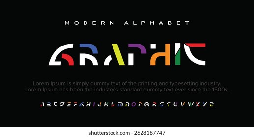 Graphic modern futuristic style alphabet display font vector illustration. Jupiter typeface