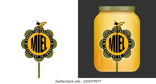 Graphic and modern label in the shape of a flower for a jar of honey from a French producer - translation: honey, made in France, organic and natural. 