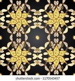 Graphic modern ornamental pattern on gray, yellow and brown colors. Wallpaper baroque, damask. Ornamental floral pattern. Ornamental vector background.