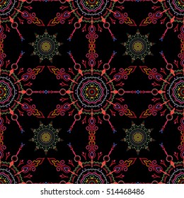 Graphic modern pattern. Abstract pattern in Arabian style. Neutral, green and pink texture on black background. Seamless vector background.