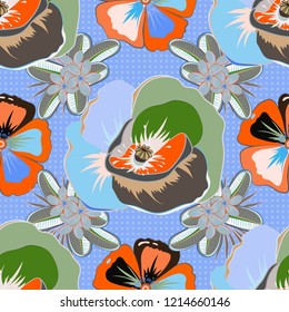 Graphic modern pattern. Cute vector background. Geometric leaf ornament. Seamless pattern with poppy flowers. Seamless abstract floral pattern in orange, blue and gray colors.