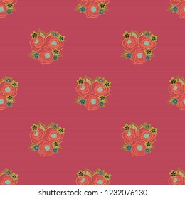 Graphic modern pattern. Cute vector background. Seamless abstract floral pattern in red, pink and yellow colors. Geometric leaf ornament. Seamless pattern with rose flowers and leaves.