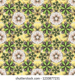 Graphic modern pattern. Geometric leaf ornament. Seamless abstract floral pattern in green, yellow and gray colors. Cute vector background.