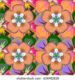 Graphic modern pattern. Geometric leaf ornament. Cute vector background. Seamless abstract floral pattern in orange, green and pink colors.