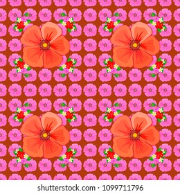 Graphic modern pattern. Seamless abstract floral pattern in orange, pink and red colors. Seamless pattern with cosmos flowers. Geometric leaf ornament. Cute vector background.