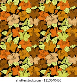 Graphic modern pattern. Seamless abstract floral pattern in brown, yellow and black colors. Cute vector background. Seamless pattern with hibiscus flowers. Geometric leaf ornament.