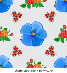 Graphic modern pattern. Seamless pattern with cosmos flowers. Cute vector background. Geometric leaf ornament. Seamless abstract floral pattern on a gray background.