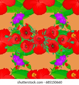 Graphic modern pattern. Seamless pattern with poppy flowers. Cute vector background. Geometric leaf ornament. Seamless abstract floral pattern on a brown background.