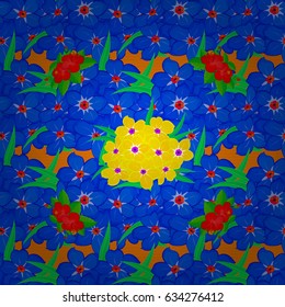 Graphic modern pattern. Seamless pattern with primula flowers. Seamless abstract floral pattern on a orange background. Cute vector background. Geometric leaf ornament.