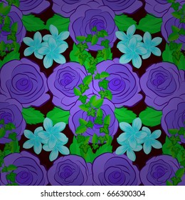 Graphic modern pattern. Seamless pattern with rose flowers and green leaves. Geometric leaf ornament. Seamless abstract floral pattern on a brown background. Cute vector background.