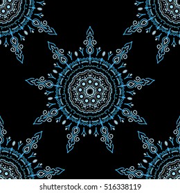 Graphic modern pattern. Seamless vector background. Abstract pattern in Arabian style. Blue texture on black background.