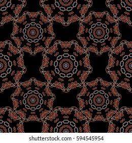 Graphic modern pattern. Seamless vector background. Abstract pattern in Arabian style. Orange, gray and blue texture on black background.