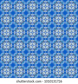 Graphic modern seamless pattern for fabric, event, wallpaper etc. Vector seamless pattern, repeating abstract figures. Illustration in violet, blue and beige colors.
