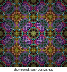 Graphic modern seamless pattern for fabric, event, wallpaper etc. Vector seamless pattern, repeating abstract figures. Illustration in blue, violet and brown colors.