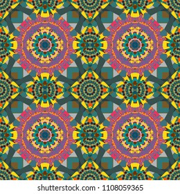 Graphic modern seamless pattern for fabric, event, wallpaper etc. Vector seamless pattern, repeating abstract figures. Illustration in purple, yellow and blue colors.