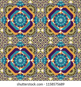 Graphic modern seamless pattern for fabric, event, wallpaper etc. Vector seamless pattern, repeating abstract figures. Illustration in blue, violet and orange colors.