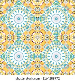 Graphic modern seamless pattern for fabric, event, wallpaper etc. Vector seamless pattern, repeating abstract figures. Illustration in yellow, white and blue colors.