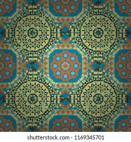 Graphic modern seamless pattern for fabric, event, wallpaper etc. Vector seamless pattern, repeating abstract figures. Illustration in blue, green and gray colors.