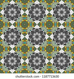 Graphic modern seamless pattern for fabric, event, wallpaper etc. Vector seamless pattern, repeating abstract figures. Illustration in gray, blue and beige colors.